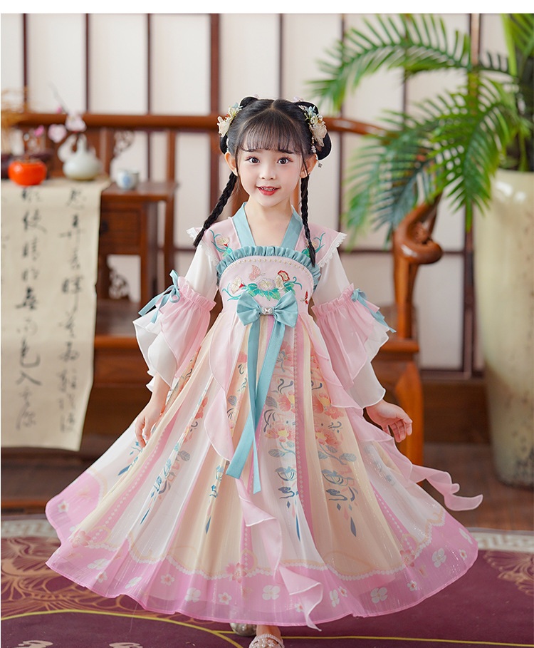 Đầm váy công chúa cổ trang hanfu thêu hoa cho bé gái diện lễ tết trung thu đẹp size 100-160kg hàng Quảng Châu