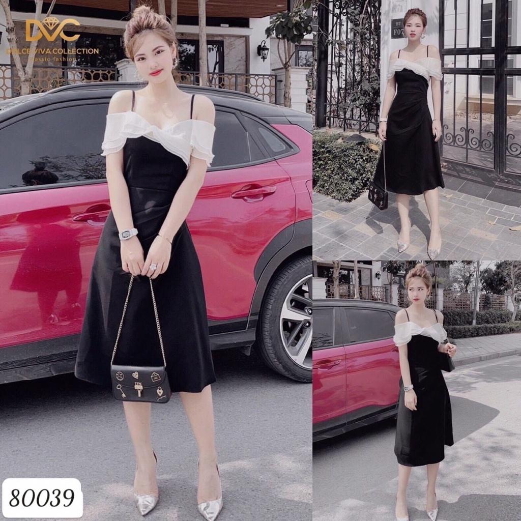 Đầm váy dây nữ vai hở dự tiệc dạo phố màu đen sang trọng tiểu thư