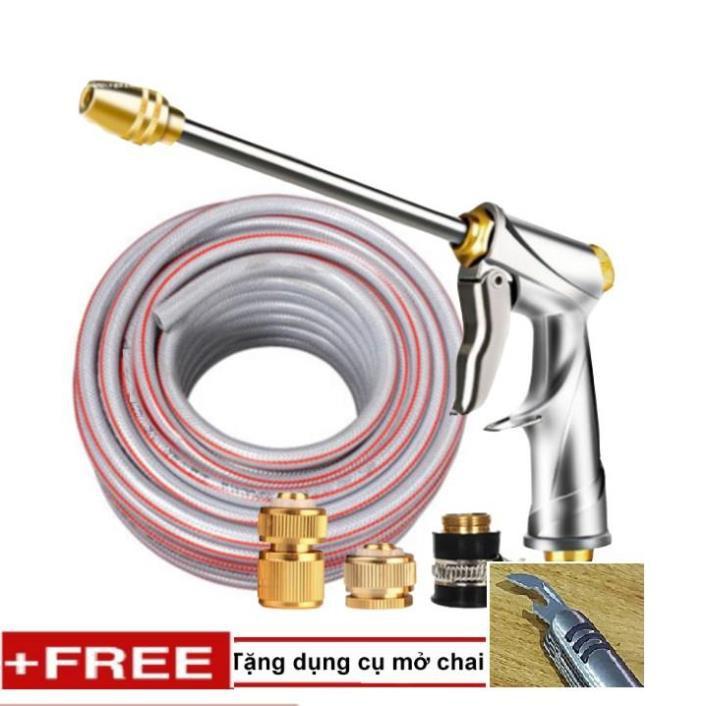 ️ Bộ dây vòi xịt nước rửa xe, tưới cây . tăng áp 3 lần, loại 20m 206701-2 đầu đồng,cút đồng+ tặng mở chai