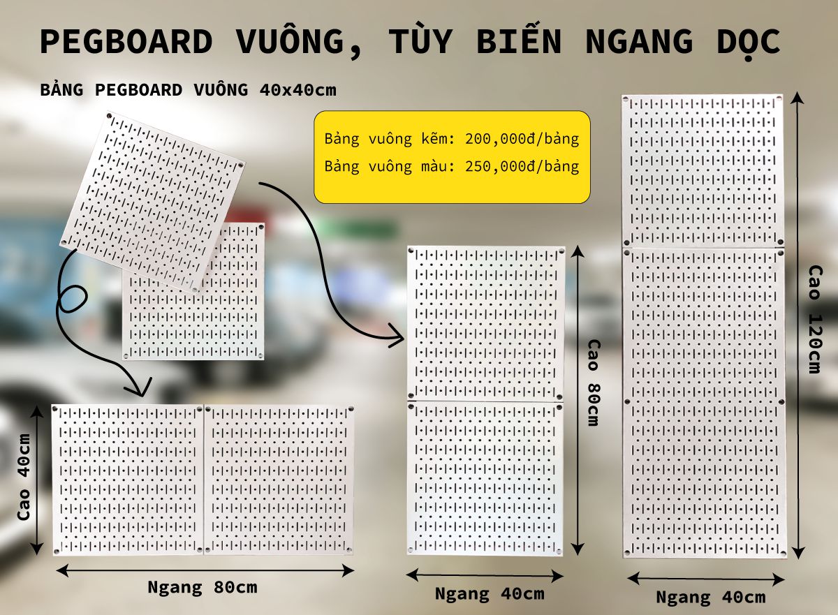 Bảng treo dụng cụ Pegboard vuông 40×40 – Mạ kẽm