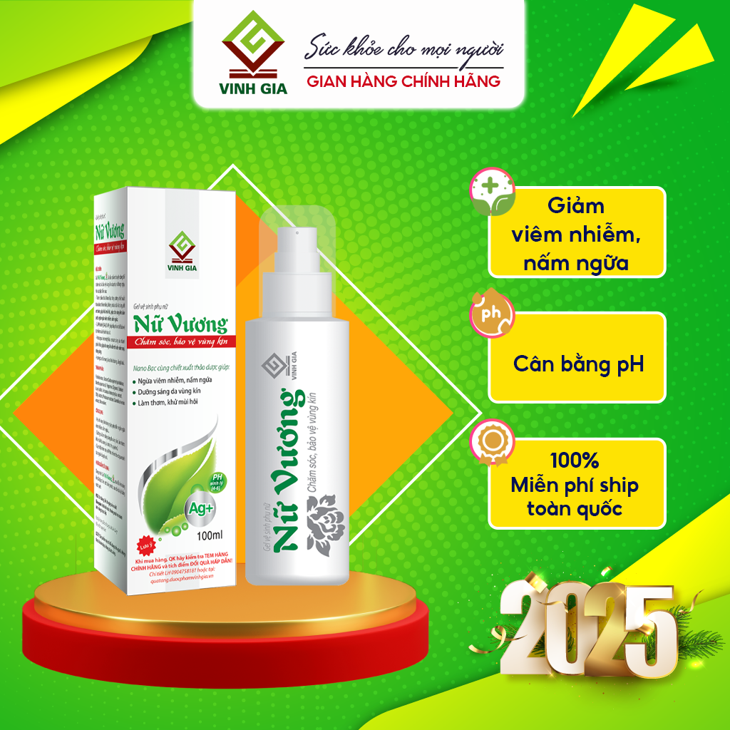 Dung dịch Vệ Sinh Phụ Nữ Nữ Vương VINH GIA Giúp hỗ trợ Làm Sạch Vùng Nhạy Cảm, Cân bằng PH, Làm Thơm Và Khử Mùi Dung Tích 100ml
