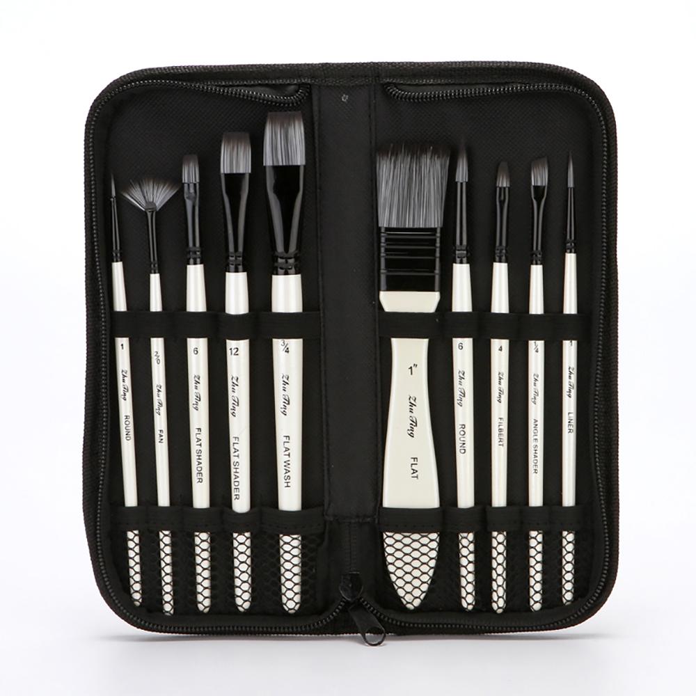 10pcs Paint Brushes Set Kit Multiple Mediums Brushes with Nylon Hair Carry Bag for Artist Acrylic Aquarelle Watercolor