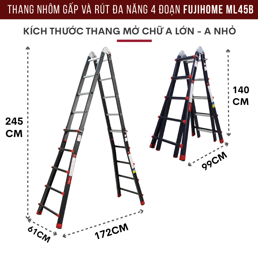 Thang nhôm gấp trượt chữ A 4M Nhập Khẩu đa năng chống trượt Black, thang gấp rút 4 bậc có khóa an toàn Multi Purpose Ladder - Hàng nhập khẩu
