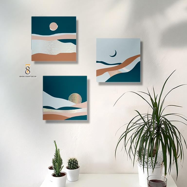 Bộ 03 Tranh Canvas | Sông.Trăng Abstract 3FSABS006 | Tranh Căng Khung Cao Cấp | Tặng Kèm Đinh Đa Năng