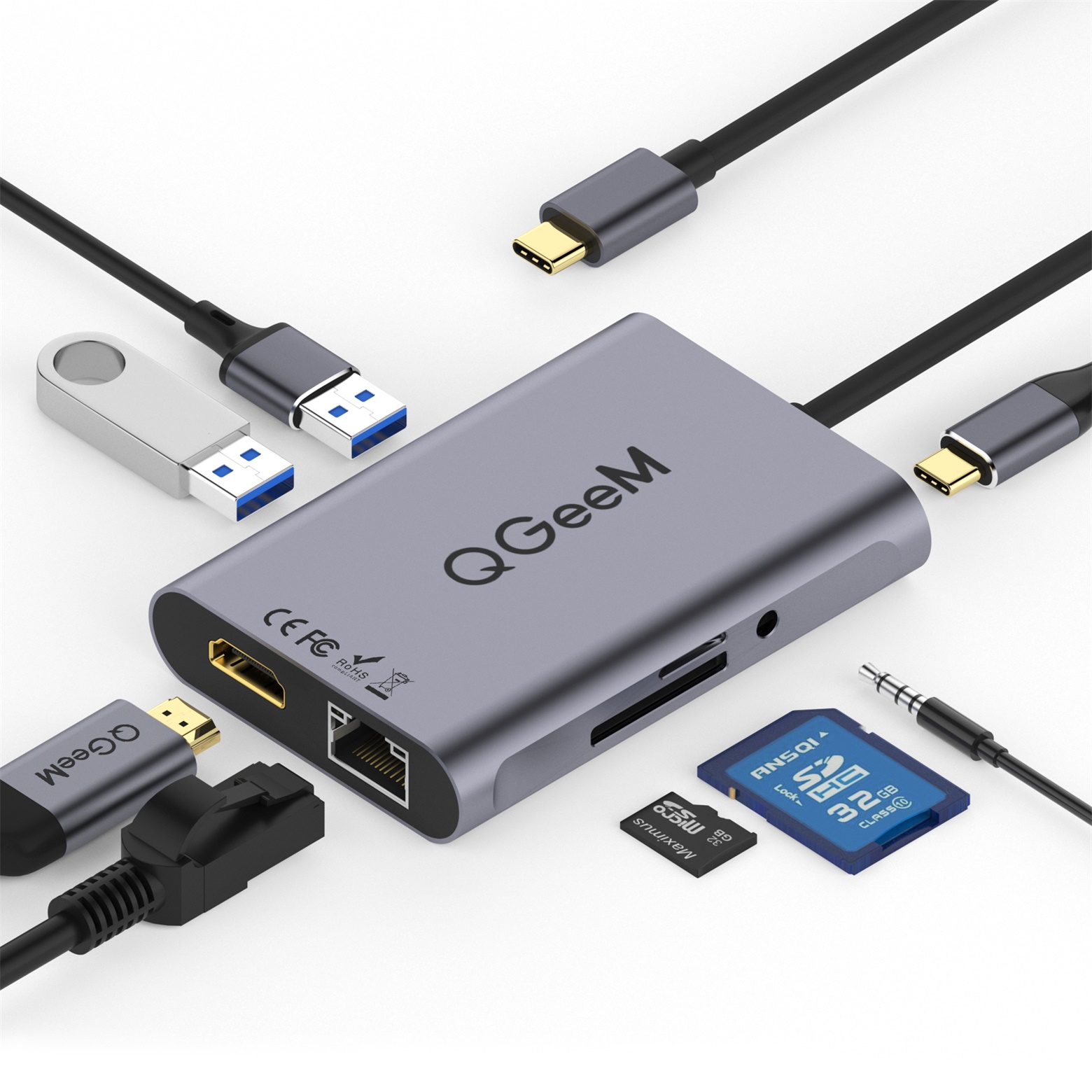 Bộ Hub USB C QGeeM 8 trong 1 4K USB sang HDMI, Type C sang Ethernet 1G, USB C sang USB 3.0 3.5mm AUX, đầu đọc thẻ Type C, Power Delivery (PD) 3.0- Hàng Chính Hãng
