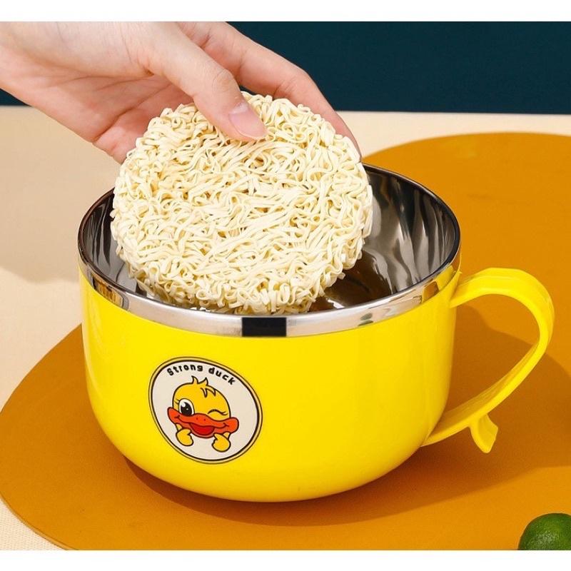 Bát ăn mì hình vịt vàng có tay cầm kèm nắp đậy có lổ thoát nước và ngăn đỡ điện thoại - Tô ăn mì , bát ăn dặm cách nhiệt