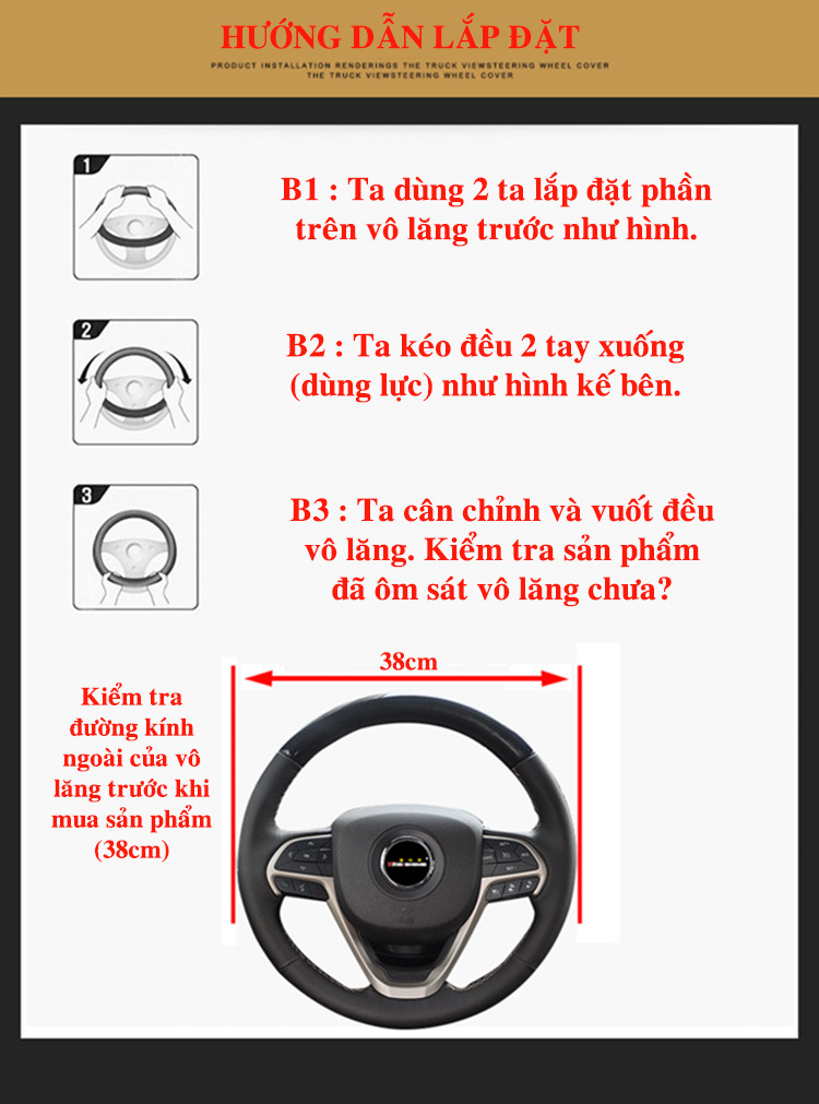 Bọc vô lăng xe từ 4 - 7 chỗ phong cách thể thao Size M (38cm)