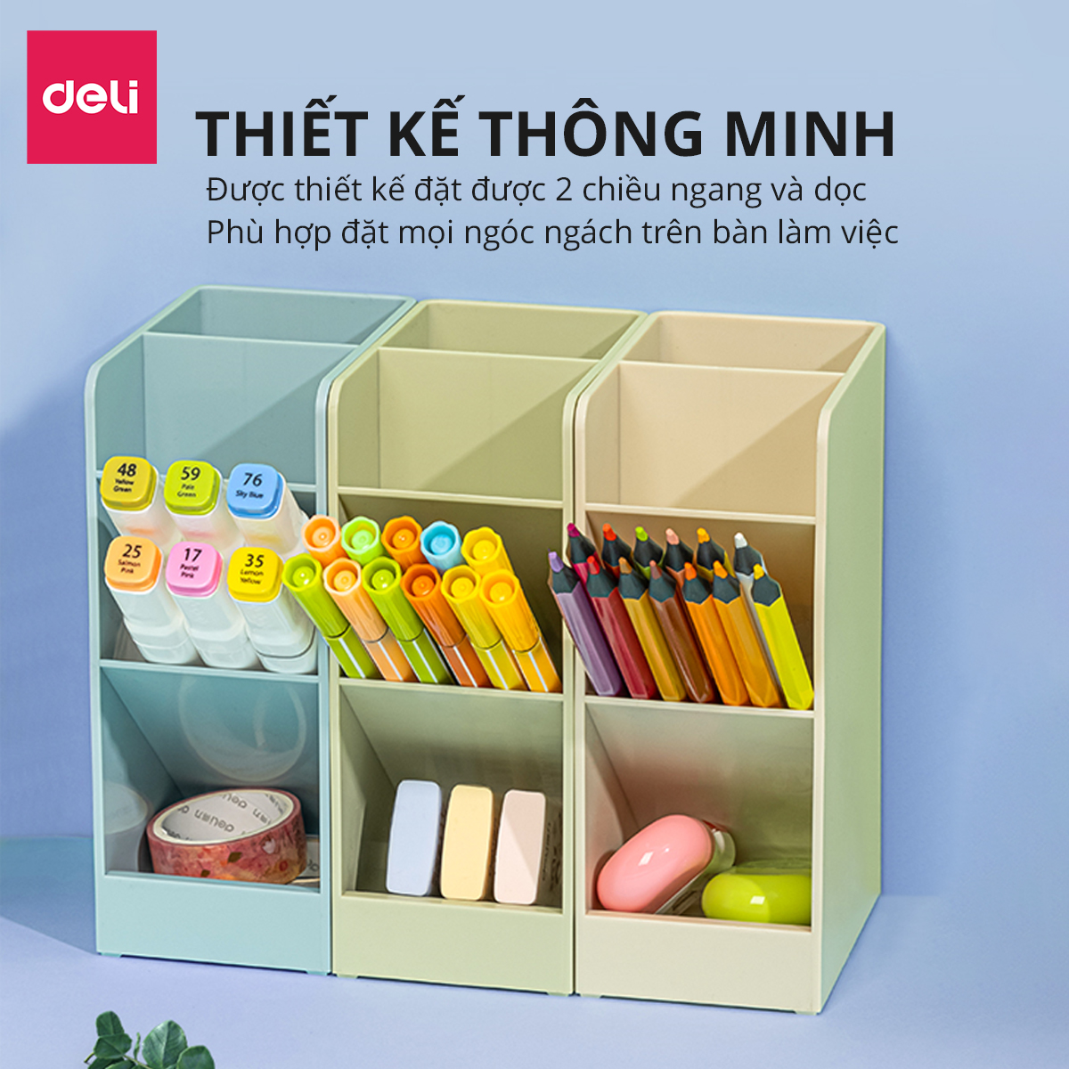 Ống cắm bút đựng đồ văn phòng son mĩ phẩm Deli - 4 / 5 / 8 ngăn - Màu morandi pastel  - Giúp bàn làm việc góc học tập gọn gàng - 8939