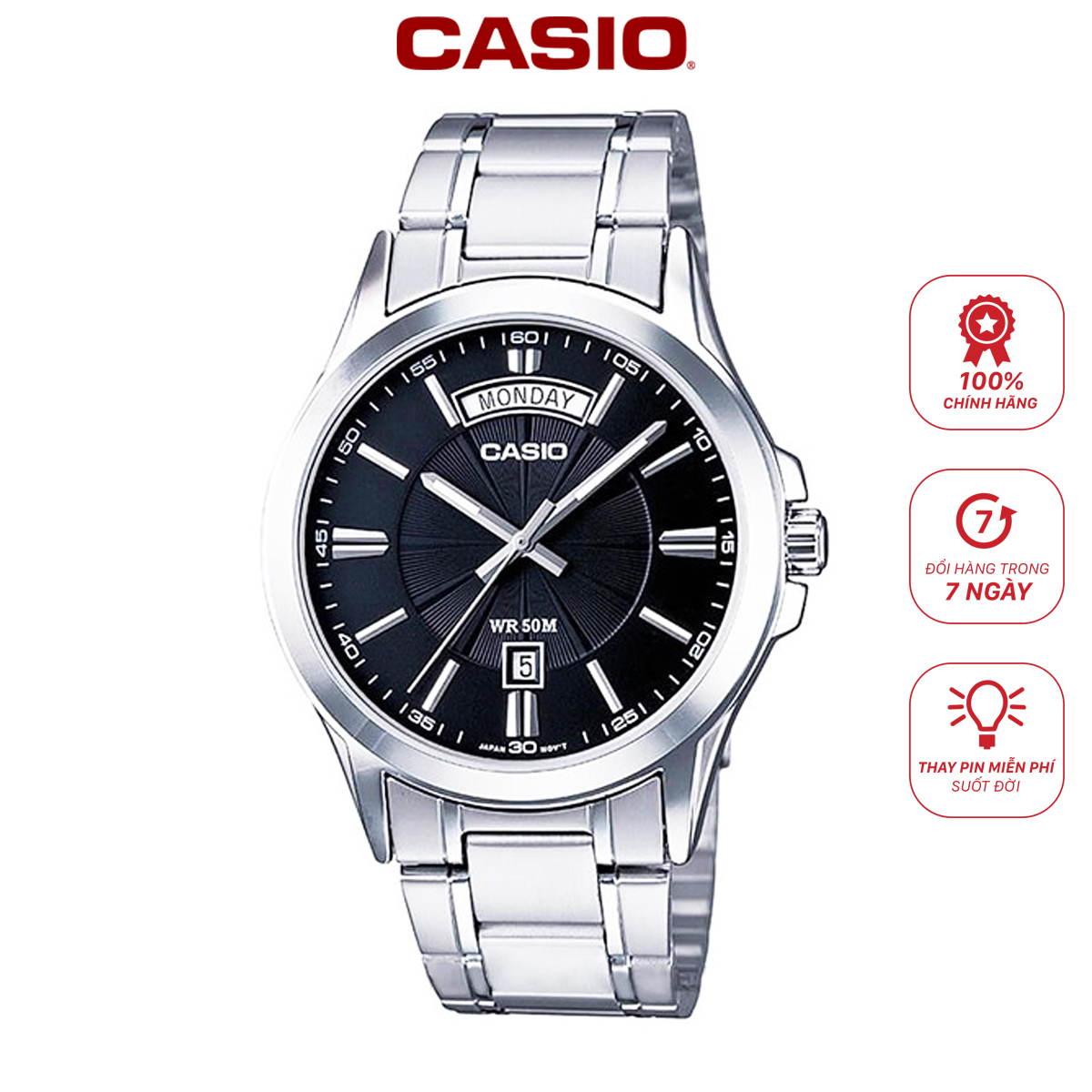 Đồng hồ Casio nam chính hãng MTP-1381D-1AVDF dây kim loại phủ bạc sáng