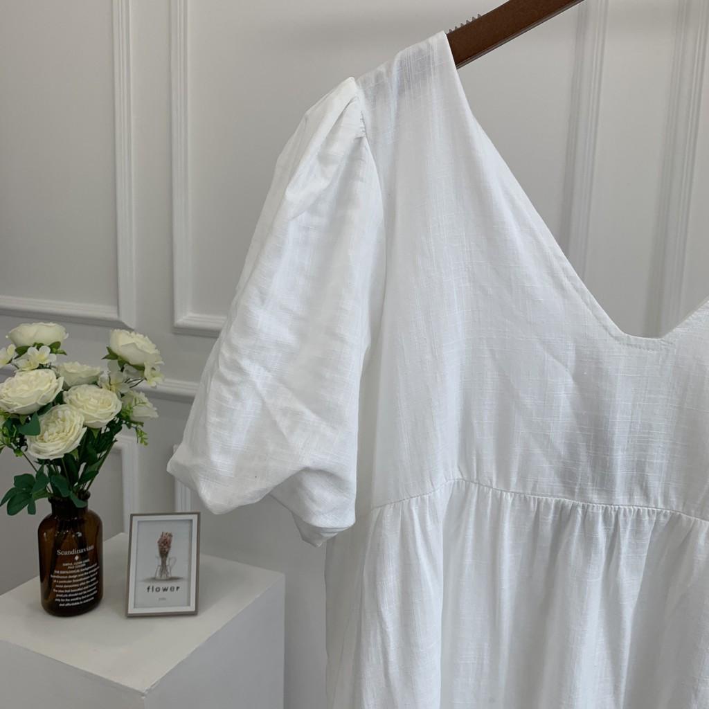 Váy suông dáng babydoll cổ V, 3 tầng, đầm xuông rộng freesize, chất đũi xước, tay bo phồng mã V181 - Michi's House