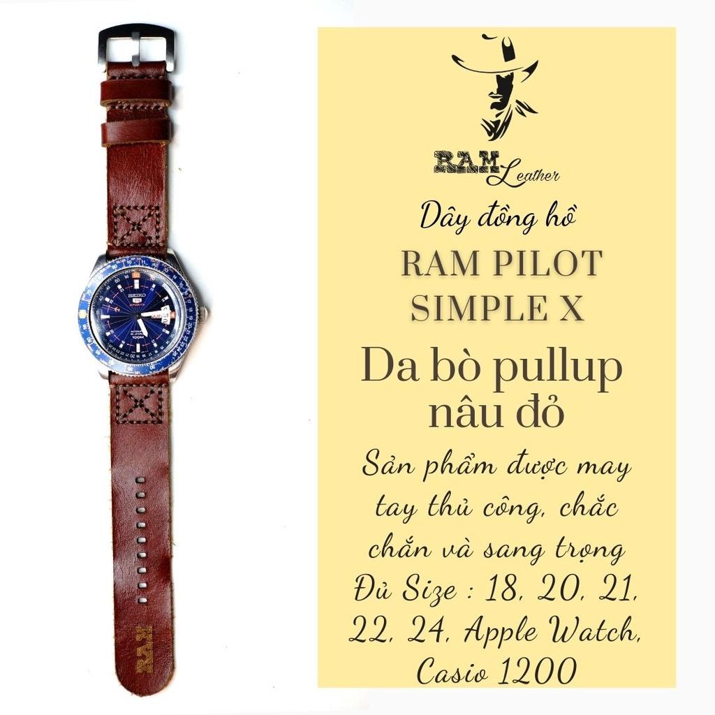 Dây đồng hồ da bò nâu đỏ RAM simple X handmade bền chắc - chính hãng RAM