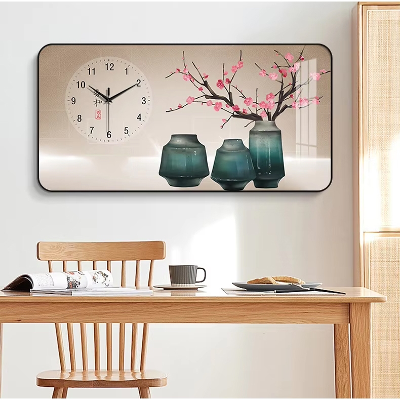 (ẢNH THẬT) Tranh đồng hồ tráng gương bình hoa đào hồng uv mặt mica sáng bóng kèm đinh
