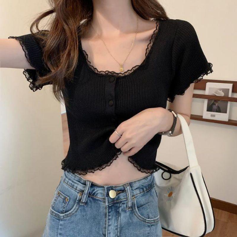 Áo croptop nữ tay ngắn bigsize 55-90kg kimfashion, Croptop bigsize phối ren phong cách Hàn Quốc AT08-D