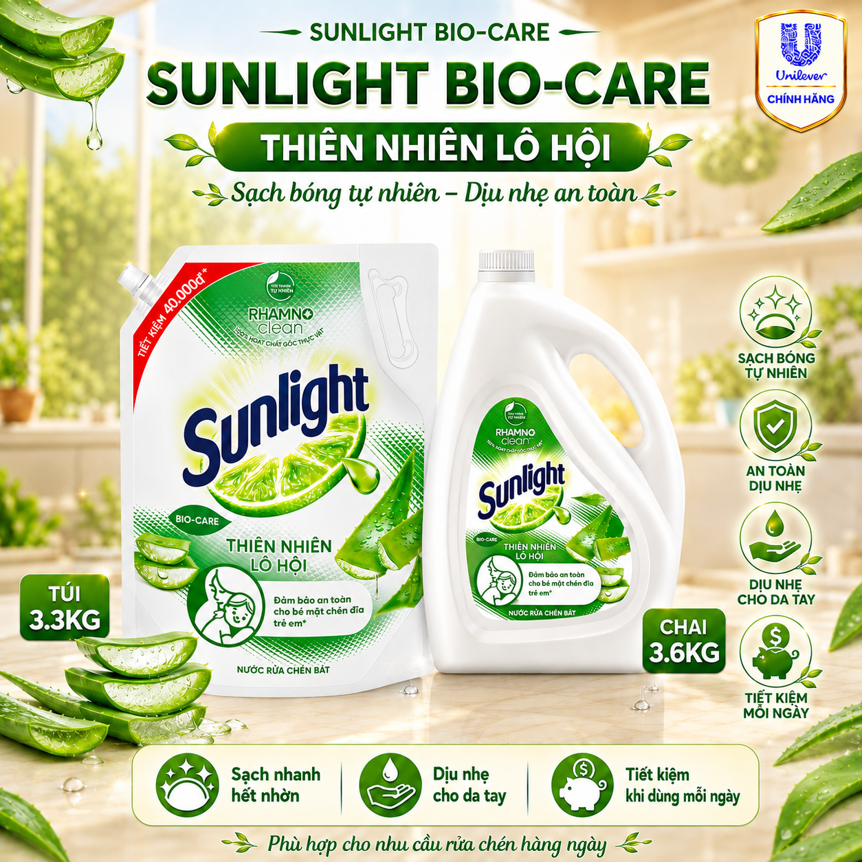 Nước Rửa Chén Sunlight Bio-Care Thiên Nhiên Lô Hội, Sạch Dầu Mỡ Dịu Nhẹ Cho Da Tay, Túi/Can 3.3kg/3.6kg