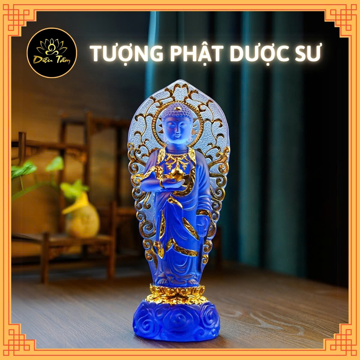 Tượng phật dược sư lưu ly tượng dược sư đứng hào quang xanh dương trang trí 23cm phong thủy, thờ cúng Diệu Tâm