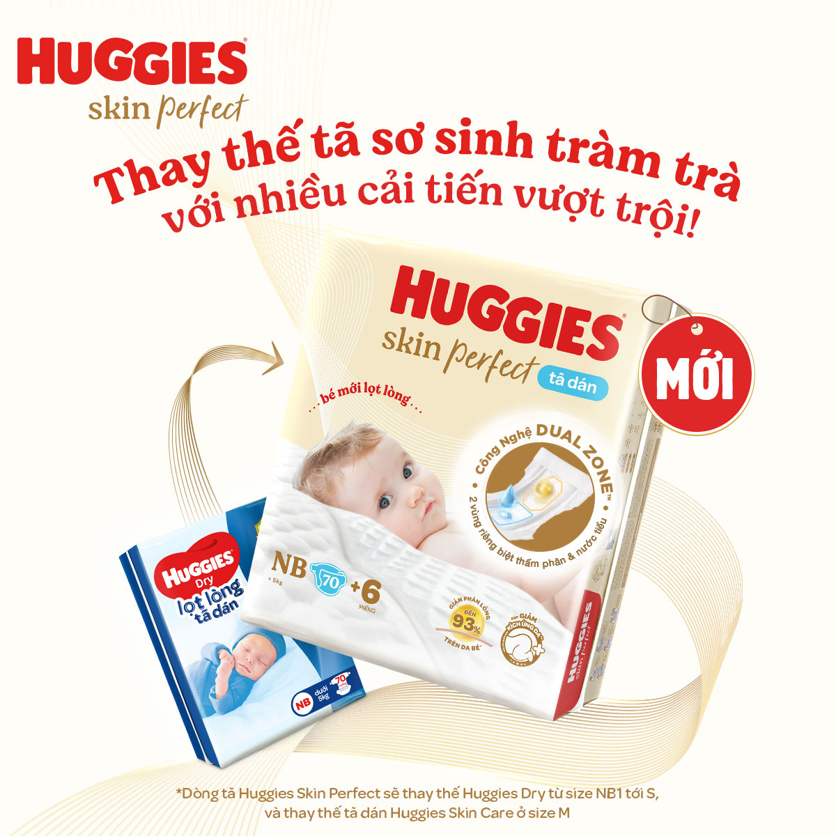 Tã/bỉm dán sơ sinh Huggies Skin Perfect NB 38 miếng với 2 vùng thấm giảm kích ứng da