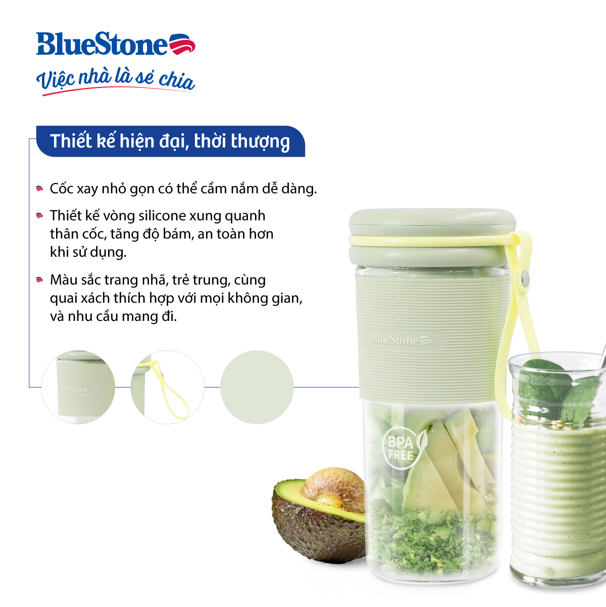 Máy Xay Sinh Tố Cầm Tay mini BlueStone BLB-5303 - Dung tích 300ml - Công suất 35W - Lưỡi dao thép không gỉ - Xay thực phẩm mềm - Bảo hàng 2 năm - Hàng chính hãng