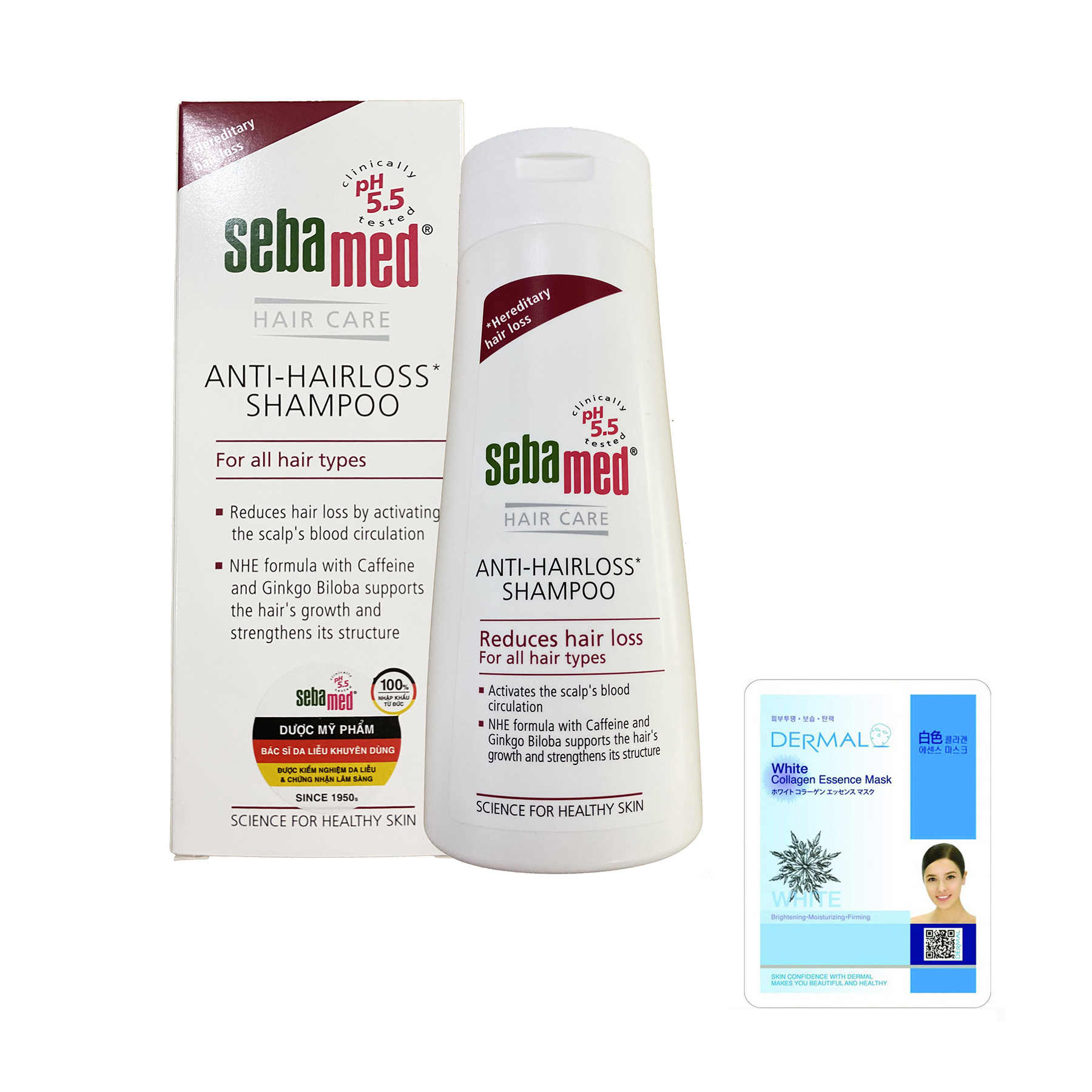 Dầu gội ngăn ngừa rụng tóc, kích thích mọc tóc Sebamed Anti-Hairloss Shampoo pH5.5 200ml + Tặng 1 mặt nạ trắng da Collagen Dermal