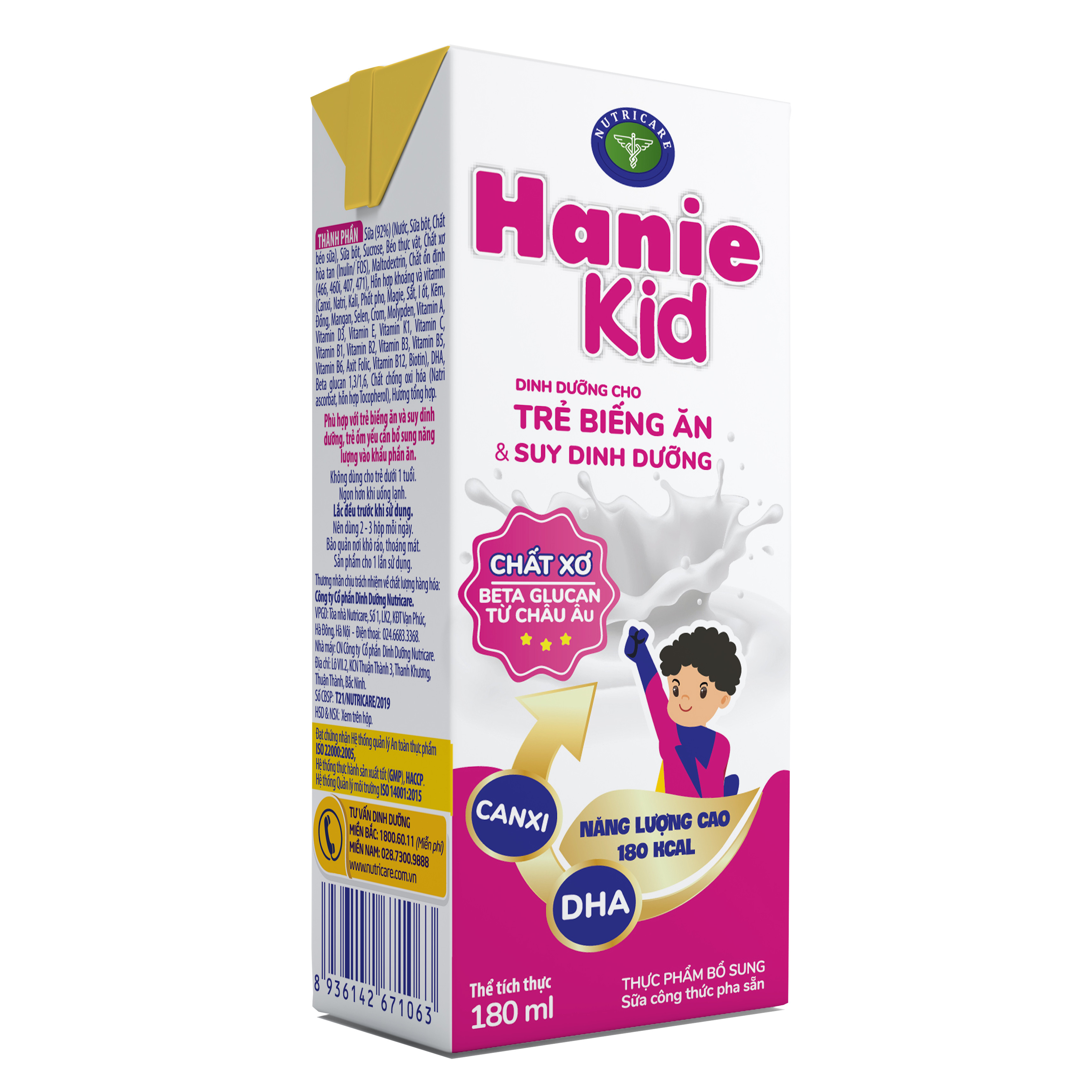 Thùng sữa bột pha sẵn Nutricare Hanie Kid - dinh dưỡng cho trẻ biếng ăn &amp; suy dinh dưỡng (180ml x 48 hộp)