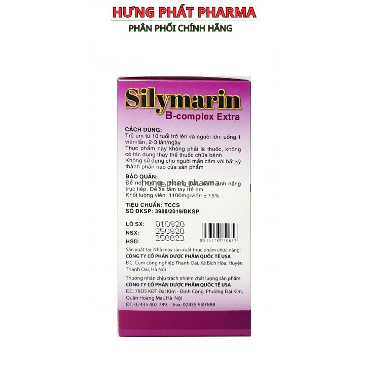 Viên uống bổ gan SILYMARIN B-COMPLEX EXTRA giải độc gan, mát gan, hạn chế tổn thương do bia rượu - Hộp 100 viên