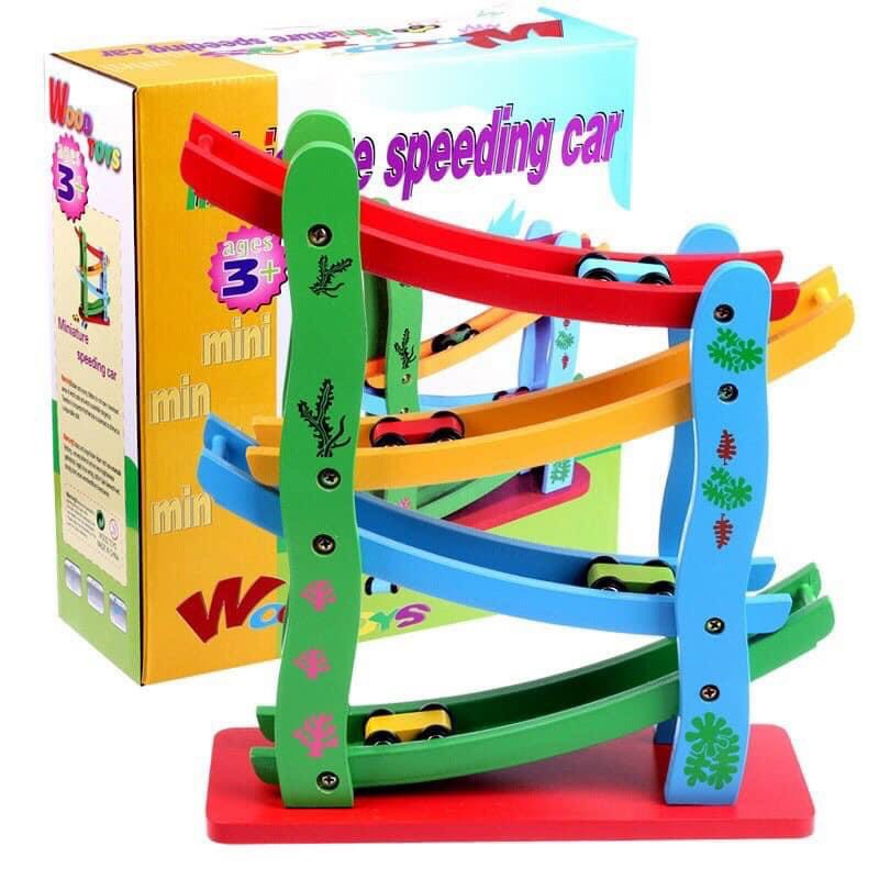 Cầu Trượt 4 Tầng Tặng Kèm 4 Xe Con Bằng Gỗ, Đồ Chơi Thông Minh An Toàn Cho Bé