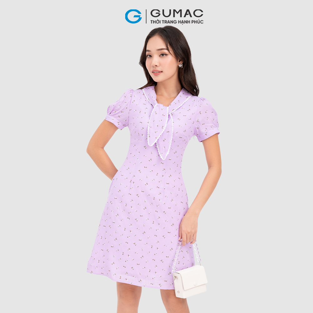 Đầm nơ cổ GUMAC DC10068 phối ren dịu dàng