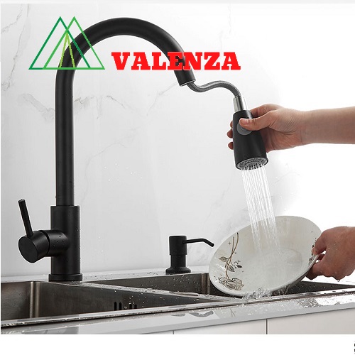 Vòi nước rửa chén nano nóng lạnh dây rút Valenza inox 304 kháng khuẩn cao cấp vòi rửa chén nano kháng khuẩn Valenza sus 304 cao cấp