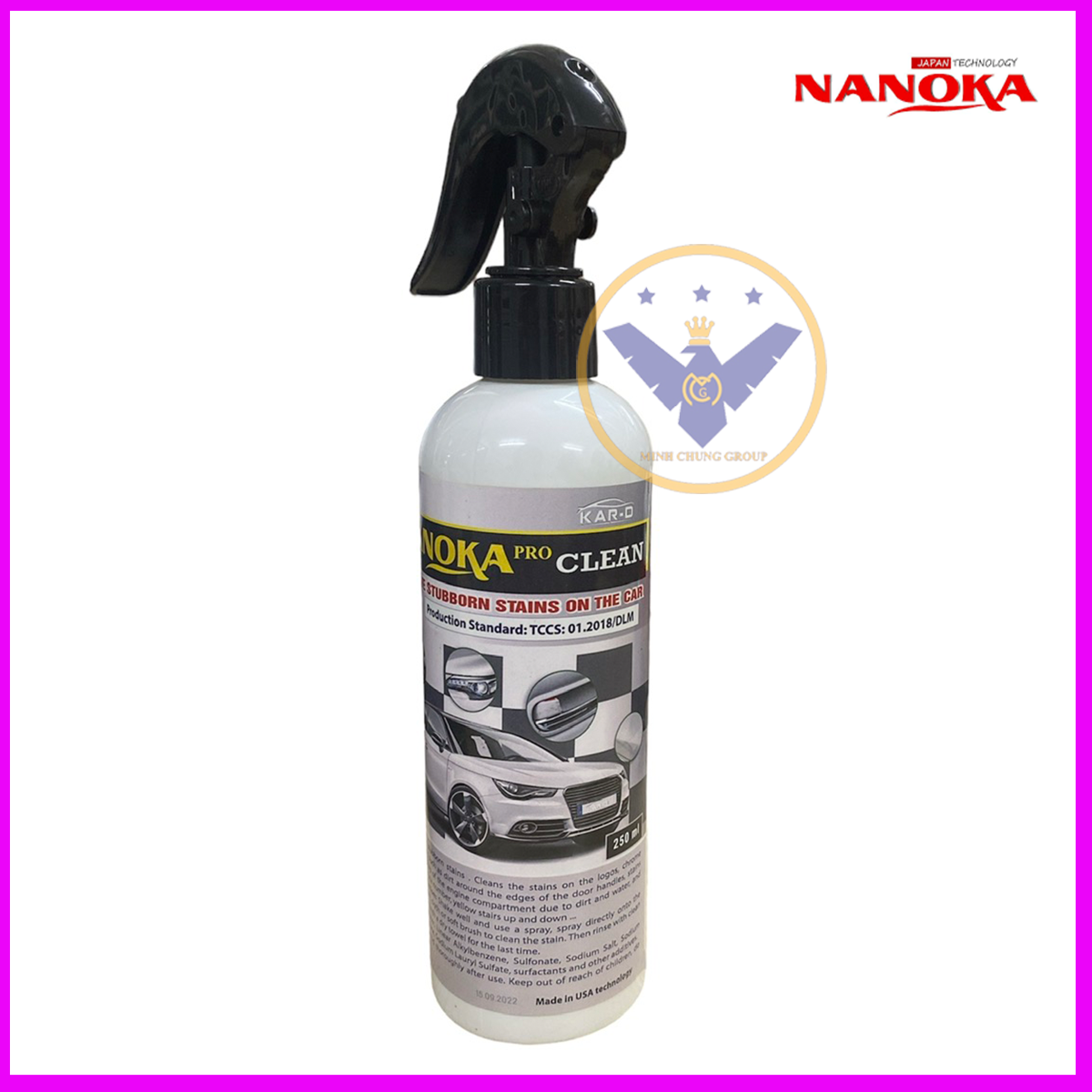 Tẩy ố kính ô tô, ố vàng lazang, logo, nẹp mạ crom Nanoka Clean 250ml