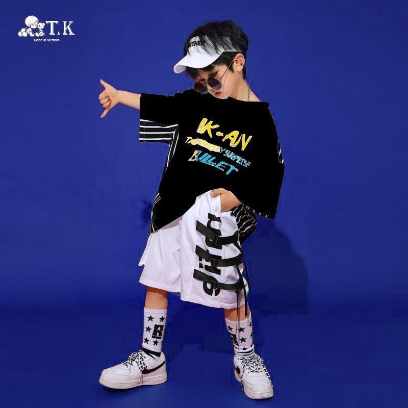 MS: 210578 - Đồ bộ bé trai, bé gái, kiểu dáng HipHop cá tính, sành điệu, thun cotton ngắn tay - GiaKhang (Màu đen)