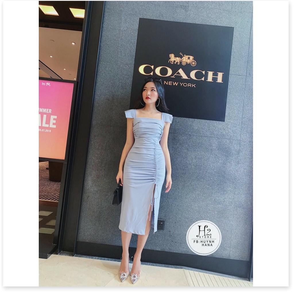 Đầm body cổ vuông nhúng eo xẻ tà