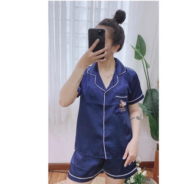 ( Freesize Lụa ) Đồ Bộ Pijama Lụa Thiêu Mickey - Tay Ngắn Quần Đùi