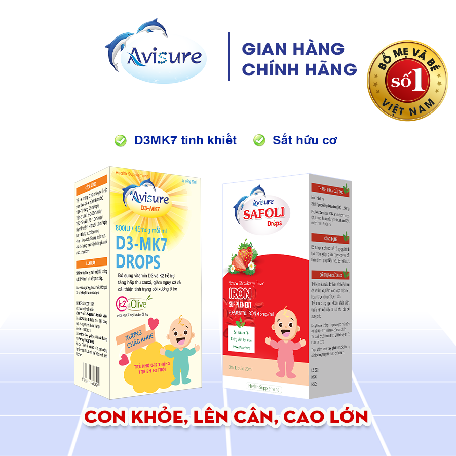 Combo Avisure D3MK7 và Avisure Safoli Drop bổ sung D3 tinh khiết và sắt hữu cơ cho bé