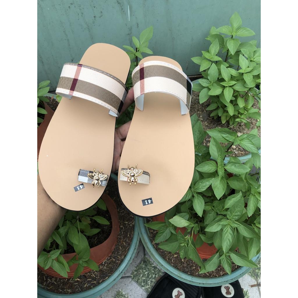 Lyna Sandal dép sỏ ngón nữ ( đế kem sữa quai sọc ca rô vàng ) size từ 35 nữ đến 42 nữ