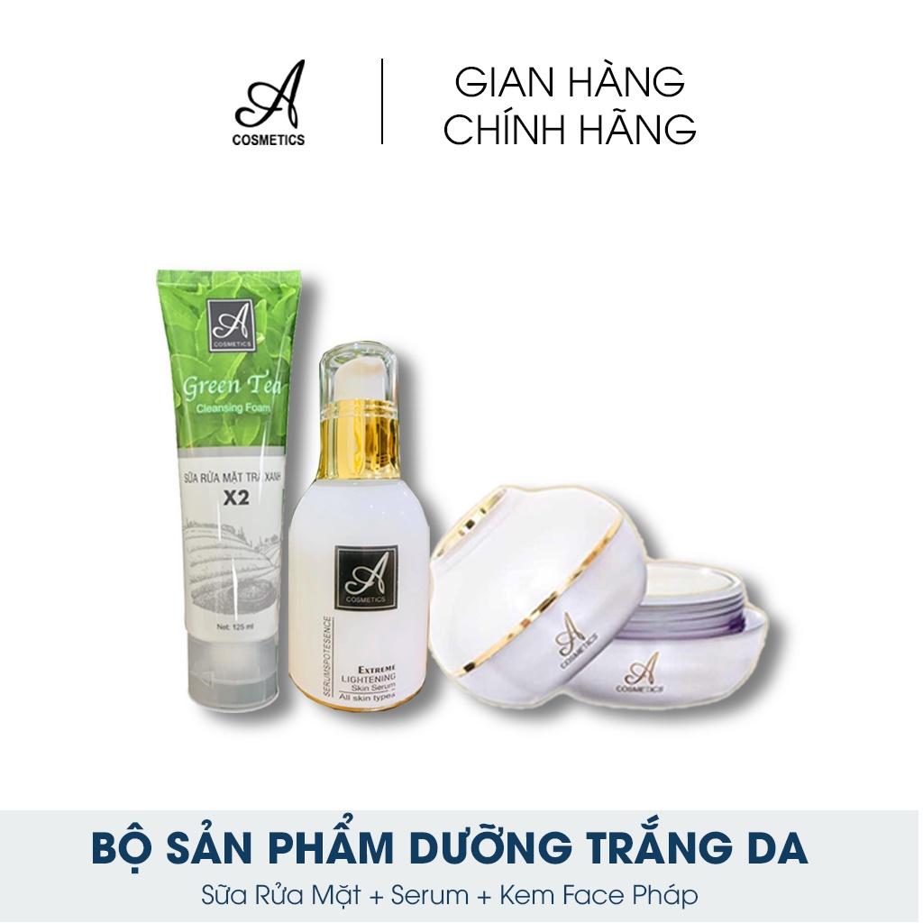 Bộ 3 sản phẩm dưỡng trắng da Acosmetics: Sữa Rửa Mặt Trà Xanh 120ml + Kem Face Pháp 50g + Serum 50ml