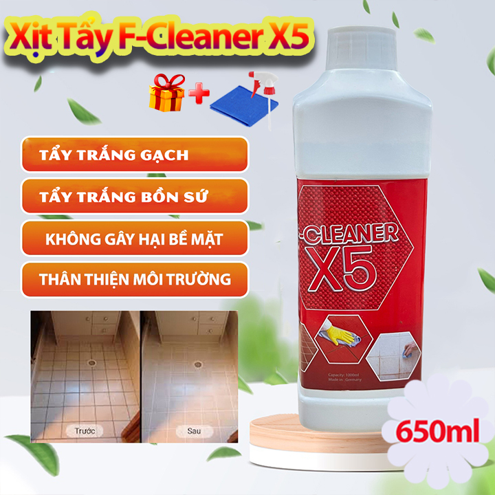 Nước Tẩy Trắng Vệ Sinh Sàn Nhà Dạng Xịt F-Cleaner X5 650ml Làm Sạch Bề Mặt Sàn Đá Hóa, Đường Chỉ Gạch + Tặng Khăn Lau