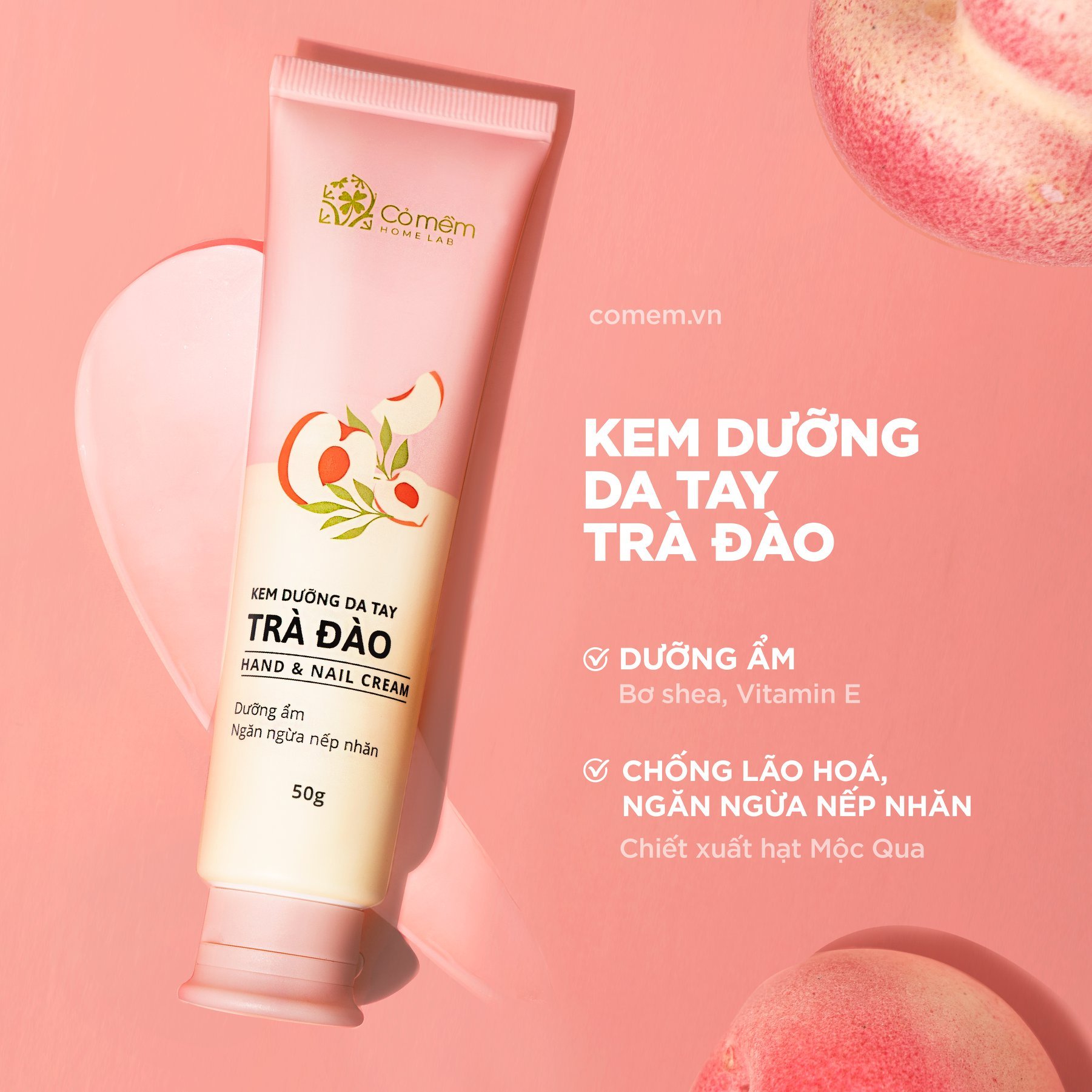 Kem Dưỡng Da Tay Và Móng Trà Đào Dưỡng Ẩm Mềm Mịn Hand Cream Cỏ Mềm 50g