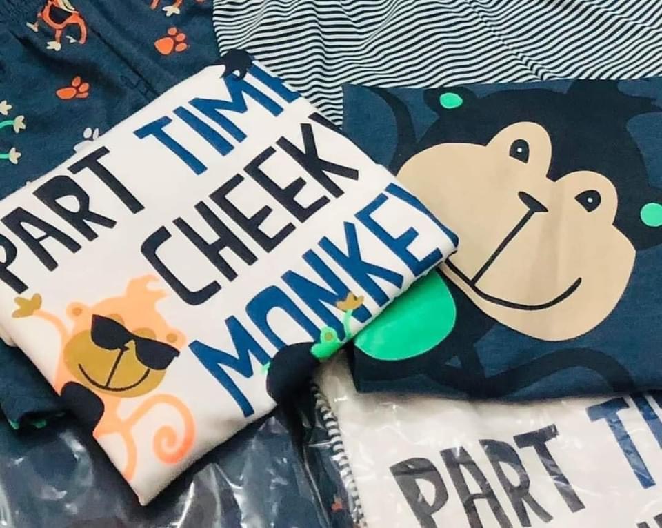 Set 2 bộ mặc nhà thun cổ tròn cộc tay mùa hè hoạ tiết monkey cho bé trai chất cotton