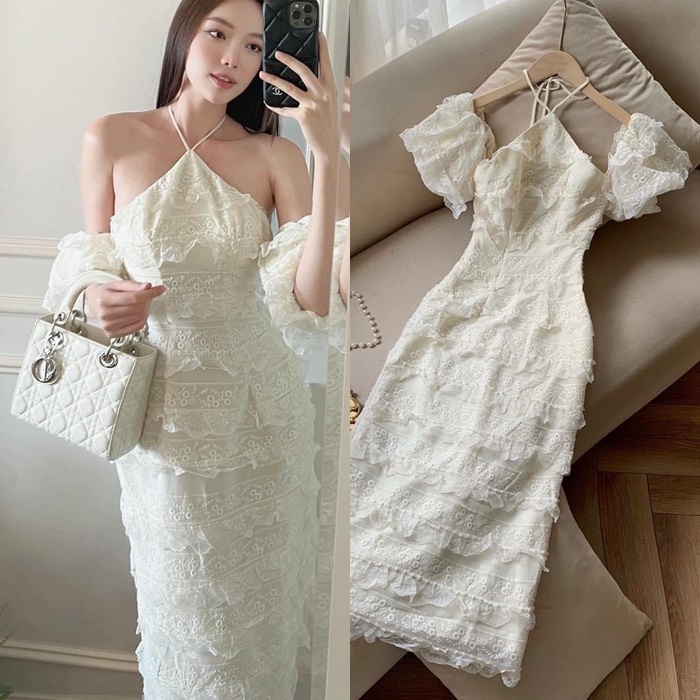 ĐẦM DÀI MIDI REN TRẮNG SUÔNG TRƠN DÂY CỔ YẾM TAY NGẮN TRỄ RỚT VAI BỒNG ÔM BODY ĐI TIỆC ĐI CHƠI ĐI BIỂN DẠO PHỐ