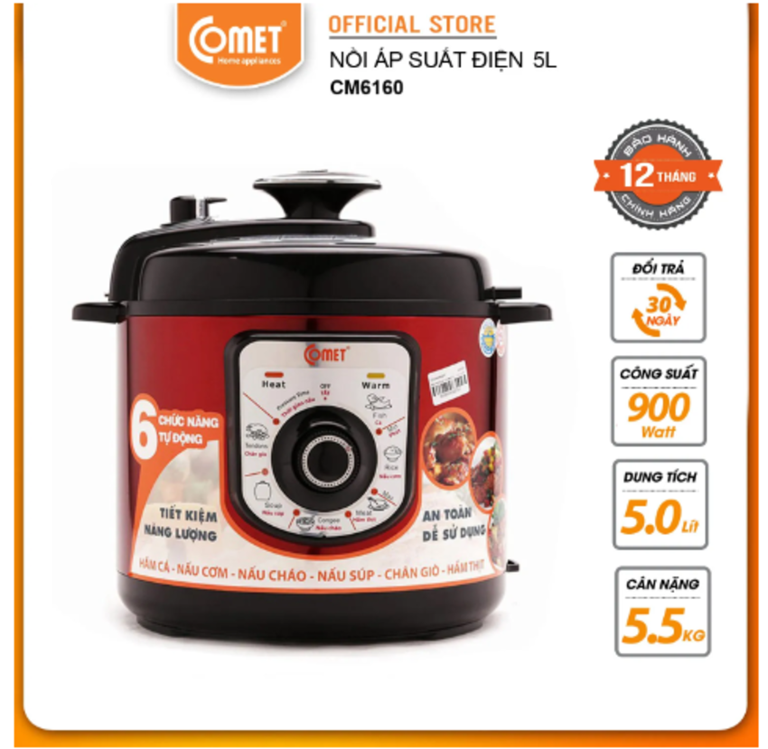 Nồi áp suất điện nắp rời 5L Comet CM6160 (GIAO MÀU NGẪU NHIÊN) - Hàng chính hãng