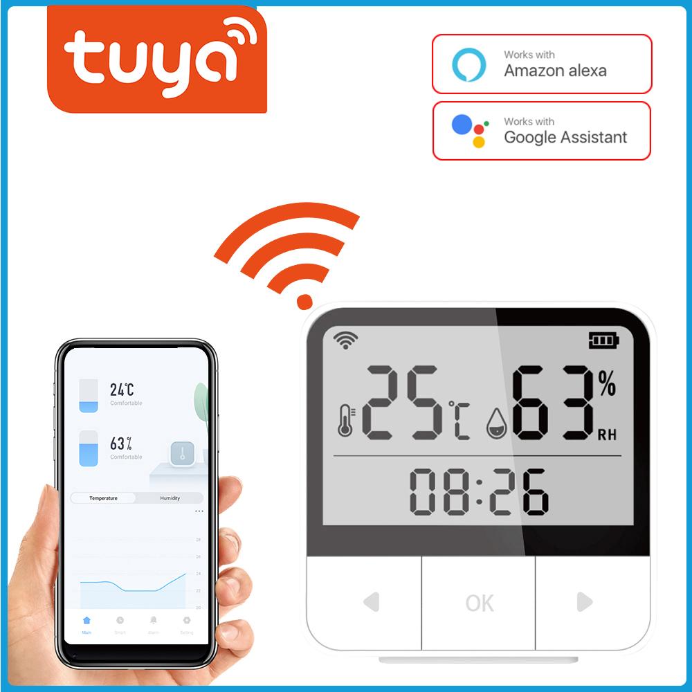 Tuya WiFi Intelligent Temperature Humidity Sensors Time Date Week Display Intelligent Home Office Bedroom Kitchen Living Room Hotel Temperature Humidity Sensors Large Display Intelligent Linkage Compatible with Alexa