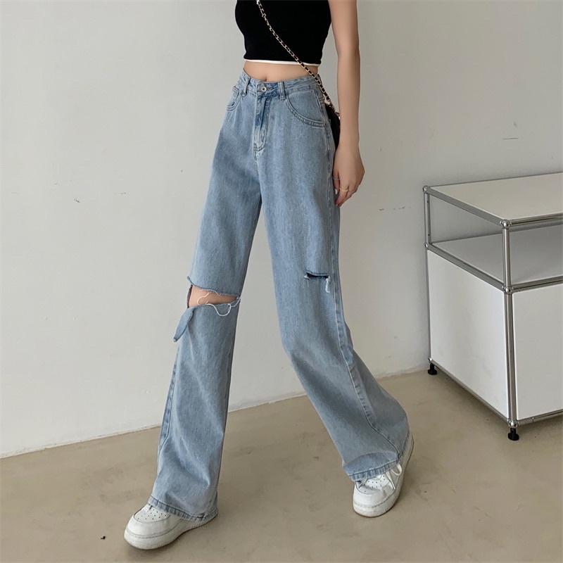 Quần jeans nữ ống rộng cạp cao rách gối phong cách streetstyle quần jeans rách cá tính