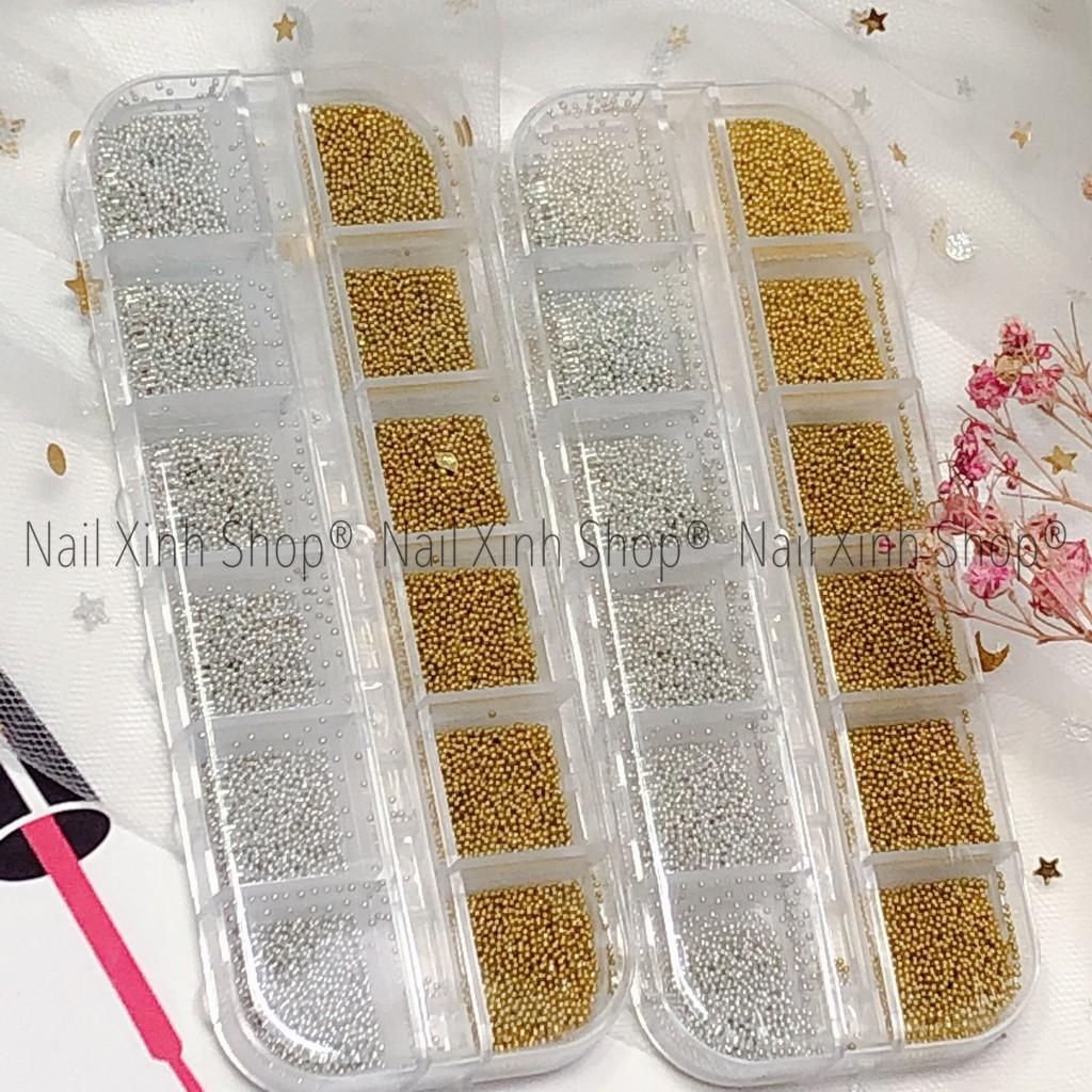 Khay 12 ô bi hạt gắn móng nail,bi hạt nail vàng + trắng - full size, phụ kiện nail chuyên dụng