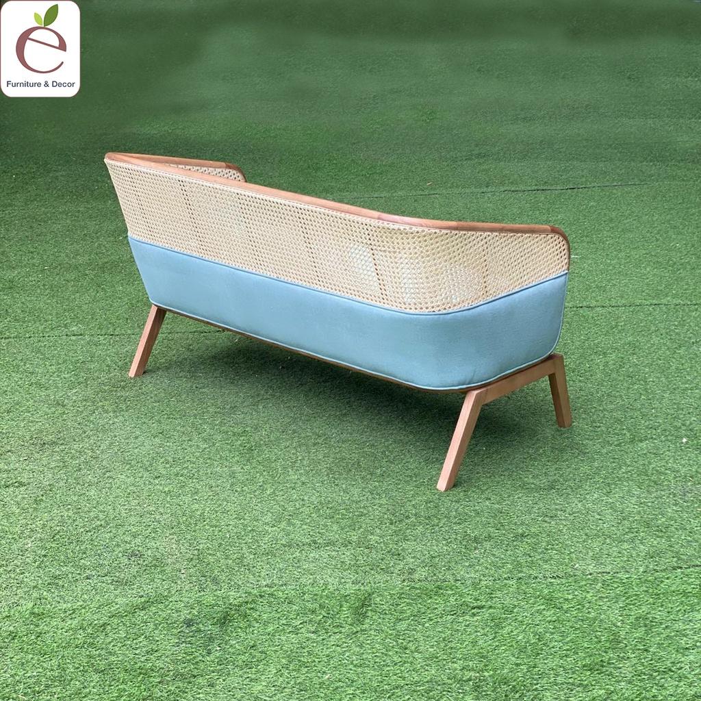 Sofa văng Capitu - Sofa gỗ, đan mây mắt cáo tự nhiên, bọc vải, nỉ, da, màu tùy chọn. Hàng gia công tỉ mỉ.