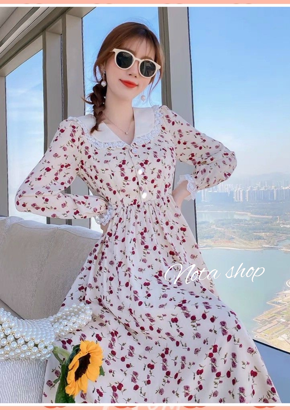 Đầm hoa nhí trẻ trung phong cách Hàn quốc, ĐẦM HOA TAY DÀI CỔ VIỀN REN