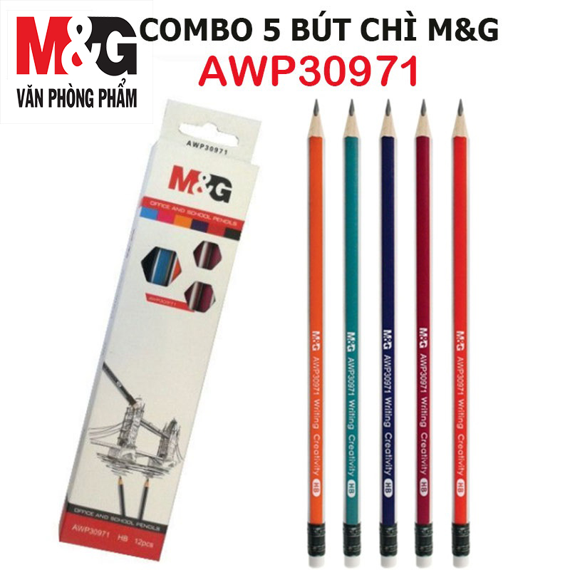 Combo 5  Bút chì chuốt M&amp;G AWP30971 nhiều màu, ngòi HB