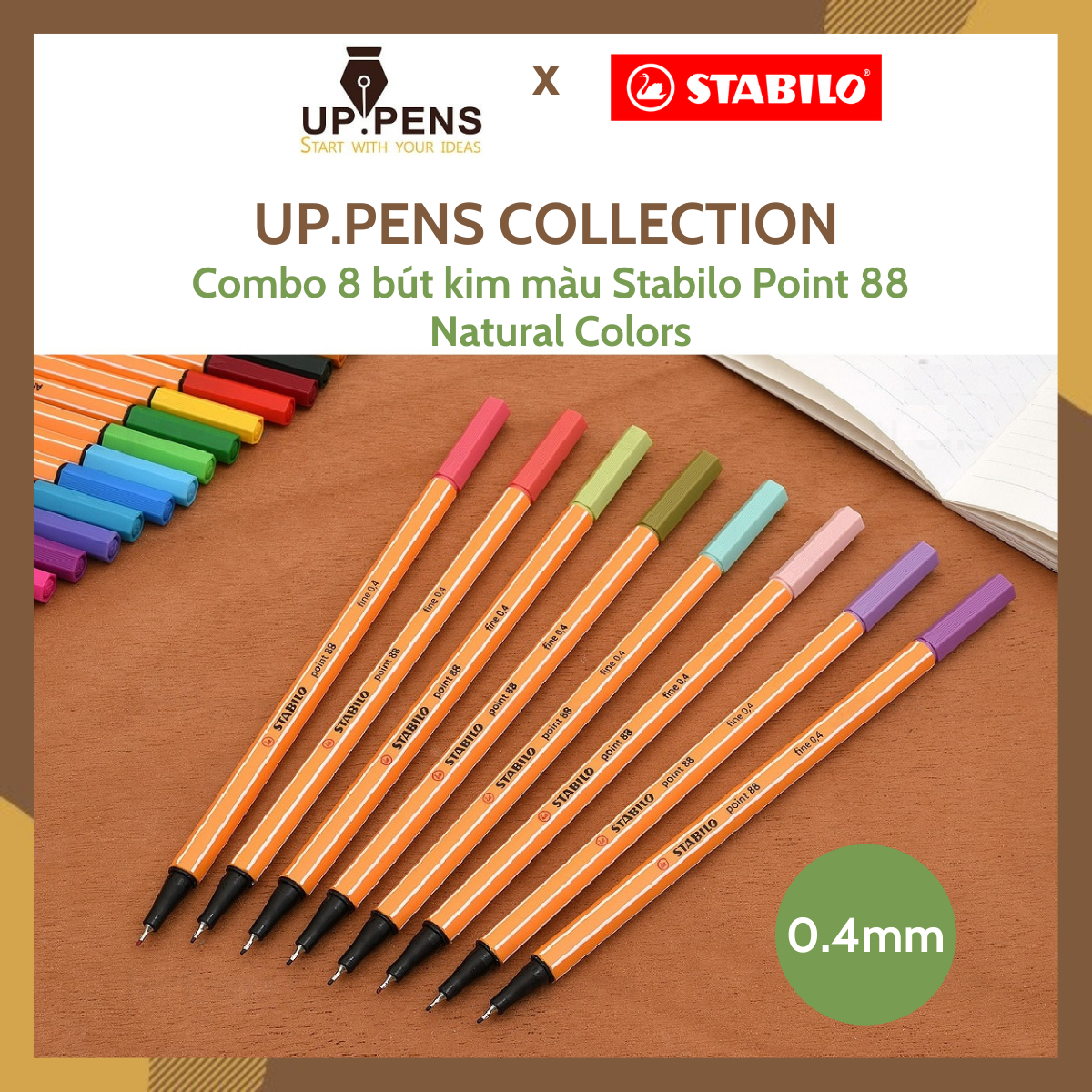 Combo 8 bút kim màu Stabilo Point 88 Fineliner Makers Pen - 0.4mm - Natural Colors