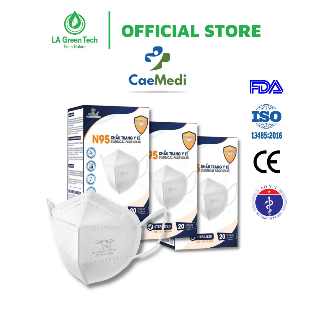 COMBO 3 HỘP Khẩu trang y tế CAEMEDI N95 cao cấp, kháng khuẩn, lọc bụi bẩn đạt chuẩn BFE, FDA, CE xuất khẩu Hoa Kỳ - Hộp 20 cái