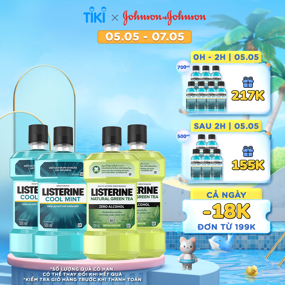 Bộ 2 Nước Súc Miệng Listerine Ngừa Sâu Răng Green Tea 500ml + 2 Nước Súc Miệng Diệt Khuẩn Listerine Cool Mint 500ml