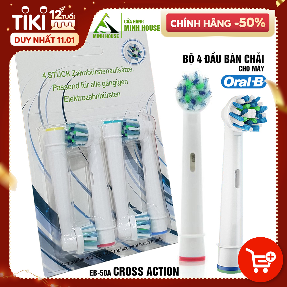 Cho máy Oral B Braun Cross Action EB-50A, Set 4 cái/ vỉ, Bộ 4 đầu bàn chải đánh răng điện đánh tan mảng bám. Tặng kèm móc khóa – Minh House