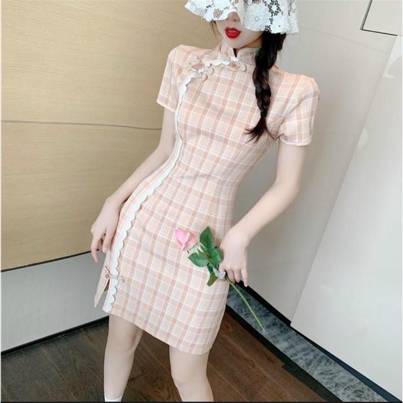 Đầm sườn xám tay ngắn hoạ tiết sọc caro siêu xinh